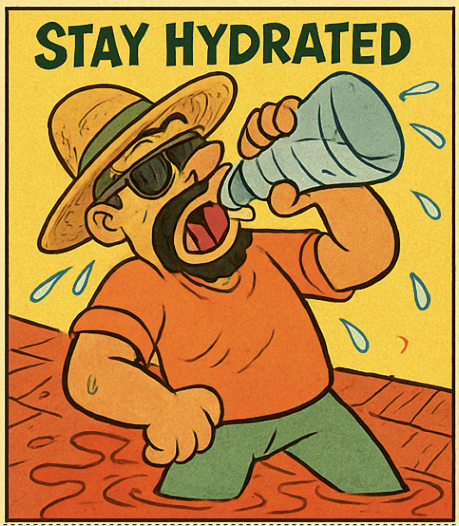 Roofer drinking water on a hot roof, staying hydrated to beat the Florida heat. Salvo & Sons Roofing safety tip.